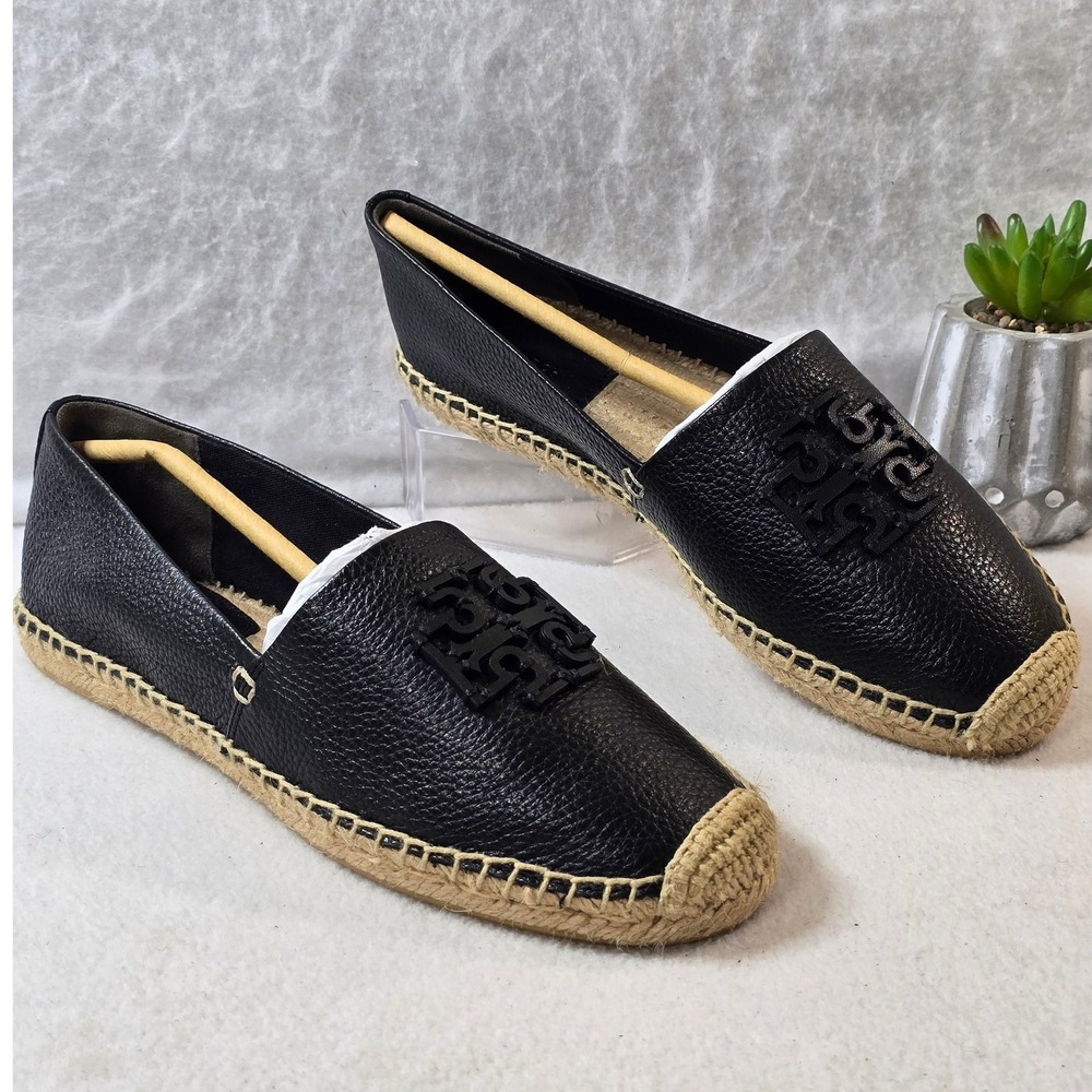 Tory Burch Espadrilles Leather Black Logo Slip On Loafers Shoes Size 8.5 - Picture 2 of 14